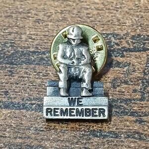 Vintage We Remember Hat Lapel Pin, Military